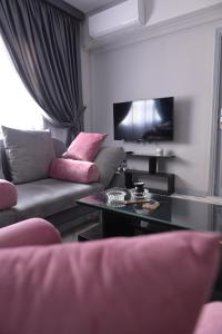 a living room with a couch and a tv at Belle Helen - Bright Independent Apartment in Cairo