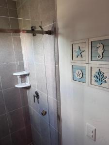 a shower with a glass door in a bathroom at Hotel Playa Los Angeles Bungalow Ohana in Ciudad del Carmen