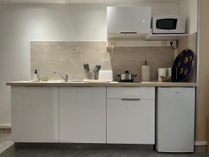 een keuken met witte kasten en een magnetron bij NID D'OPALE - Le Portel in Le Portel +8 foto's