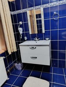 バイレ・ウヌ・マイにあるPensiunea Lariの青いタイル張りのバスルーム(シンク、鏡付)
