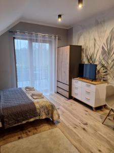 a bedroom with a bed and a dresser with a television at Apartamenty Dębowy Zakątek w Dolinie Baryczy in Milicz