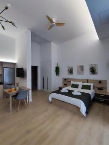 a bedroom with a bed and a desk and a ceiling fan at Apartamento Río Turia Pingüino in Valencia
