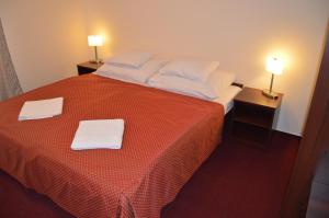 ein Hotelzimmer mit einem Bett, auf dem zwei Handtücher liegen in der Unterkunft HOTEL ARÉNA in Prag + 31 Fotos
