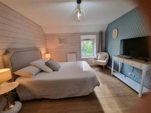 a bedroom with a bed and a flat screen tv at Au Mont De La Quintine # Piscine & Jacuzzi # in Saint-Quentin-sur-le-Homme +29 photos