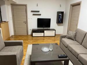 Una sala de estar con un sofá y un televisor. en M`s Luxury Apartments, en Skopje