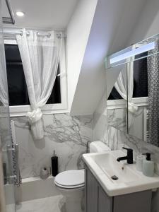 une salle de bain blanche avec toilettes et lavabo dans l'établissement Cristal, à Bruxelles