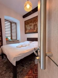 ein Schlafzimmer mit einem Bett in einem Zimmer mit Fenster in der Unterkunft Luky 12 in Braşov