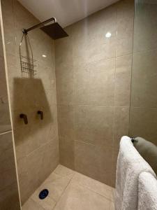 une salle de bain avec une douche avec une porte vitrée dans l'établissement Loft privado cerca del Jardín Principal de Sayula, à Sayula