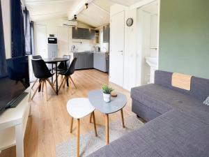 a living room with a couch and a table at Chalet in Friesland near Wadden Sea in Tzummarum