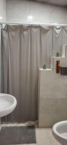 ein Badezimmer mit Duschvorhang und Waschbecken in der Unterkunft El Ausente in Ciudad Valles