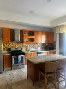 a kitchen with wooden cabinets and a granite counter top at Laguna beach in Sosúa