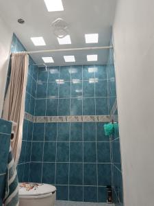 a bathroom with a toilet and a blue tiled wall at New house in the forest in Valle de Bravo