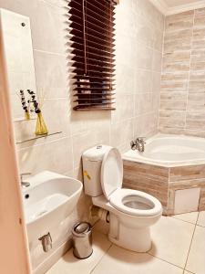 a bathroom with a toilet and a sink and a tub at LIVE-INN LUXURY SUITES in Mahalapye +20 photos