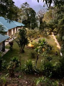 a garden with a house and trees and a building at Watawala Tea Plantation Bungalow in Rozella