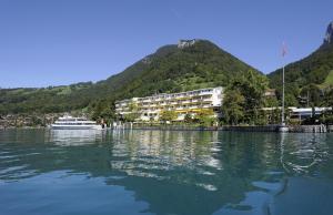 a cruise ship in the water next to a mountain at BEATUS Wellness- & Spa-Hotel in Merligen