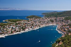 an aerial view of a harbor with boats in the water at Apartment Terra in Mali Lošinj