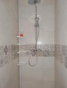 a shower with a shower head in a bathroom at Logis douillet plein centre du village in Aubigné-Racan