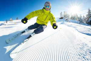 Eine Person fährt Ski einen schneebedeckten Hang hinunter in der Unterkunft Hotel Sasso Rosso in Commezzadura