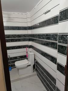 a bathroom with a toilet and black and white stripes at Sunbeam Stay in Prayagraj +4 photos