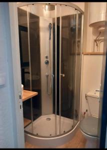 a glass shower in a bathroom with a toilet at T2 cabine Port-Leucate 4 personnes balcon climatisation parking in Port Leucate