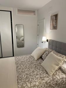 a bedroom with a bed and a mirror at El salon de los abuelos in Trescasas