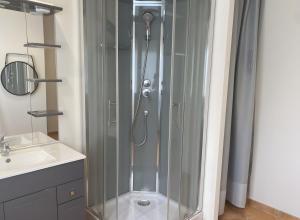 a glass shower in a bathroom with a sink at Mas de la Crozette in Monteux +7 photos