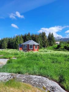 a small red house in a field of grass at seafront villa in Dragland