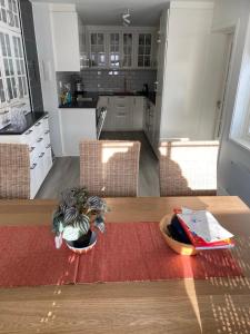 a kitchen with a table with a potted plant on it at seafront villa in Dragland