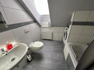 a small bathroom with a toilet and a sink at Monteurunterkunft Cadolzburg in Cadolzburg