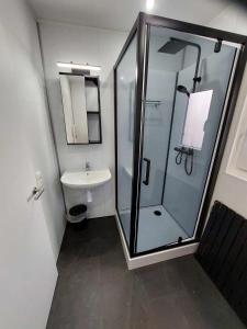 a bathroom with a glass shower and a sink at La Casa Bianca gîte 4 pers in Lierneux +40 photos