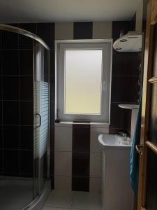a bathroom with a window and a shower and a sink at Dzūkų sodžius in Snaigupė