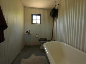 Un baño con bañera, inodoro y ventana. en Bloukrans Klein-bewarea Guest Farm, en Laingsburg