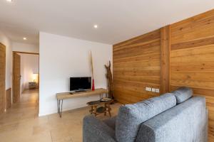 ein Wohnzimmer mit Sofa und Fernseher in der Unterkunft Le Cocon du Lac - Vue montagnes in Les Angles