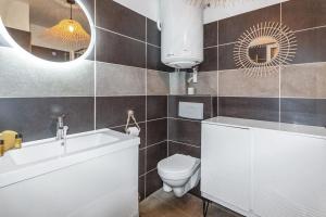 a bathroom with a toilet and a sink and a mirror at Le Pied Dans L'eau - Calm - Sun - Seaside - Hipprodrome - Racetracks in Cagnes-sur-Mer