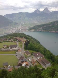 an aerial view of a town next to a body of water at Hotel Montana in Seelisberg
