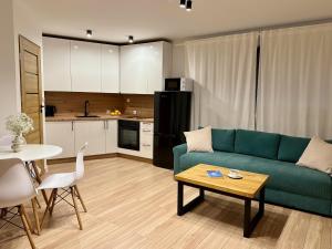 Una sala de estar con un sofá verde y una mesa. en Zinc FAM, en Oświęcim