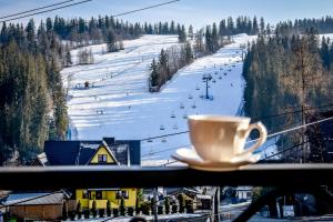 a cup of coffee on a window sill with a ski slope at Apartamenty u Kurosa Jacuzzi & Sauna Ski Suche in Poronin