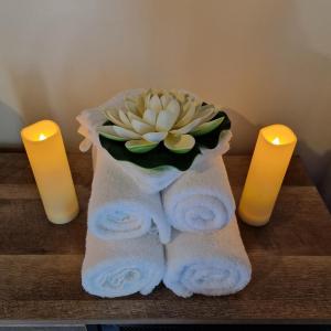 un vase avec une fleur à côté de deux bougies dans l'établissement La Maison Parfum d'Amour, à Le Landreau