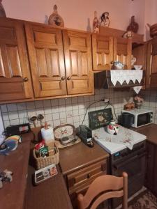 a kitchen with wooden cabinets and a counter top at Aggelos Guest House in Orchomenós +14 photos