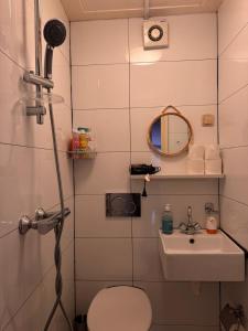 a bathroom with a shower and a toilet and a sink at Central B&B Apartment in Amsterdam in Amsterdam