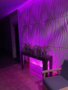 a purple room with a table with plants on it at The Bawdens Holiday Apartments in Blackpool