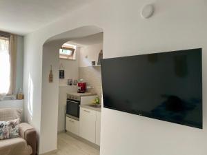 a living room with a large flat screen tv on a wall at Casa Manila Isola d'Elba in Portoferraio