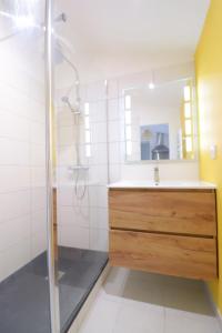 ein Badezimmer mit Dusche, Waschbecken und Spiegel in der Unterkunft L'Amazone - T2 Cosy et Lumineux in La Force