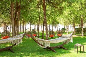 una fila de hamacas en un parque con árboles en Richmond Pamukkale Thermal, en Pamukkale