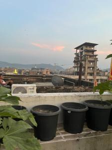un grupo de ollas sentadas en la parte superior de un balcón en Penthouse with terrace garden, en Guwahati