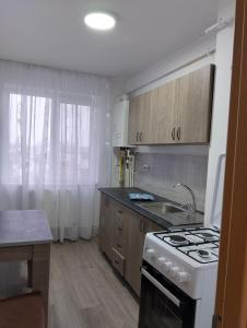 a kitchen with a stove top oven next to a window at Apartament BIS in Buzau +14 photos