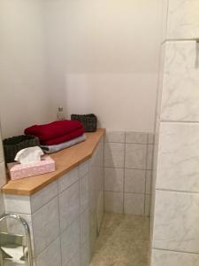a bathroom with a counter with towels and a shower at Ferienhaus Walddomizil in Neustadt-Glewe