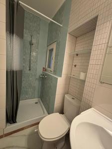 a bathroom with a toilet and a shower and a sink at Marie Studio COSY in Sanary-sur-Mer