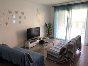 ein Wohnzimmer mit Sofa und Fernseher in der Unterkunft Villa 1 Minute Du Bord De Mer Jardin Clim Wifi in Santa-Lucia-di-Moriani