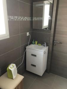 ein Badezimmer mit Waschbecken und Spiegel in der Unterkunft Villa 1 Minute Du Bord De Mer Jardin Clim Wifi in Santa-Lucia-di-Moriani + 26 Fotos